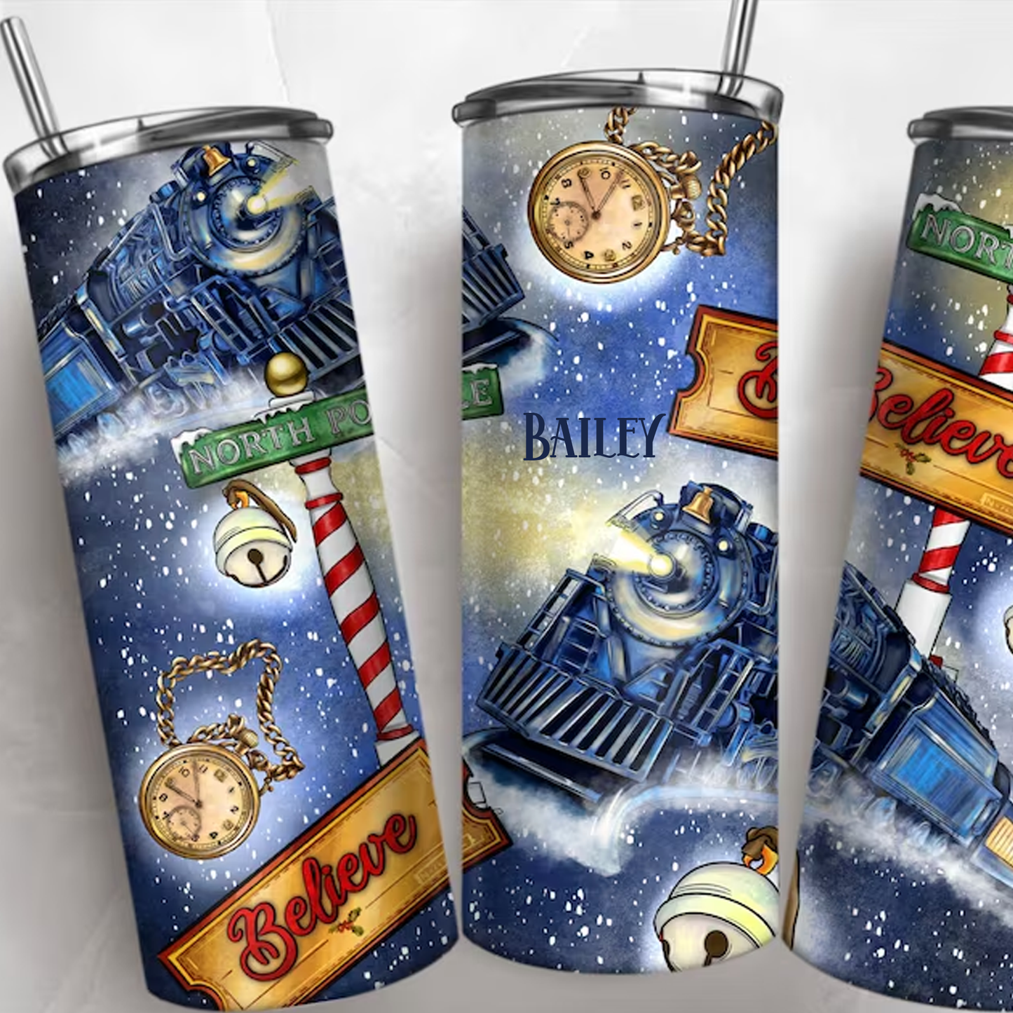 Personalised The Polar Express Double Walled Insulated Thermal Tumbler Cup w/ Metal Straw