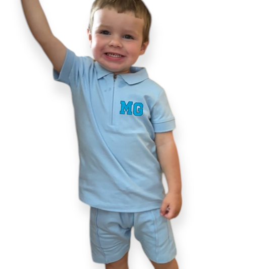 Personalised Initial Faux Chenille Patches Shorts & Polo Shirt Set