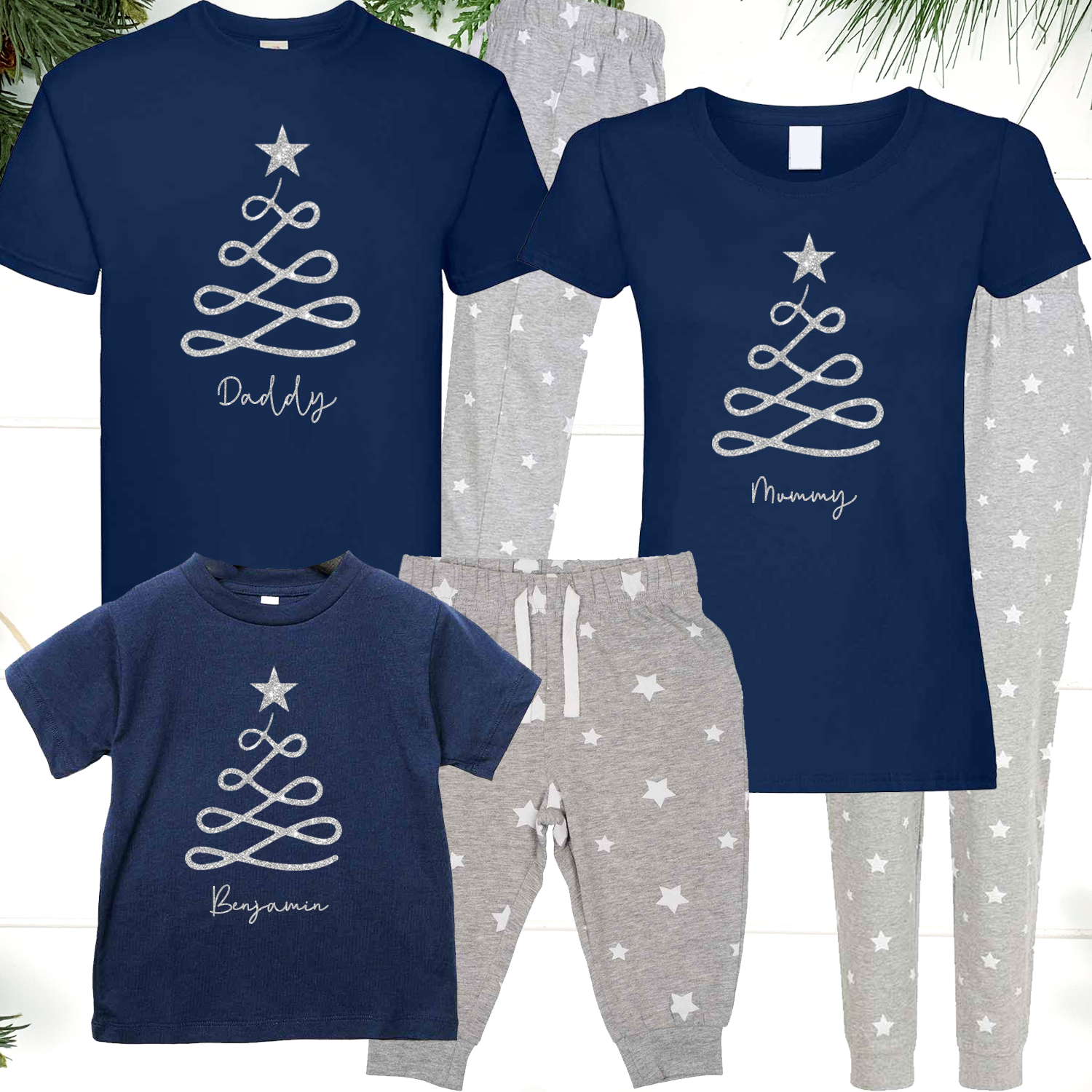 Silver Glitter Christmas Tree Design Personalised Grey Stars Family Matching PJs