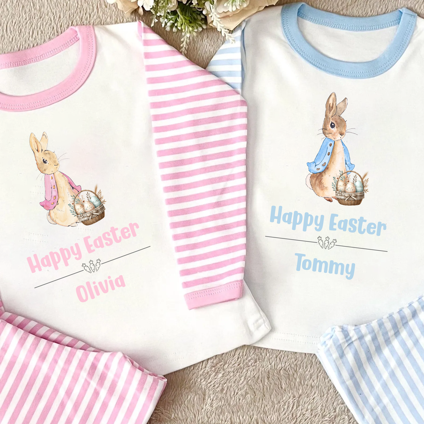 Personalised Happy Easter Flopsy Rabbit PJs Pyjamas Pink or Blue