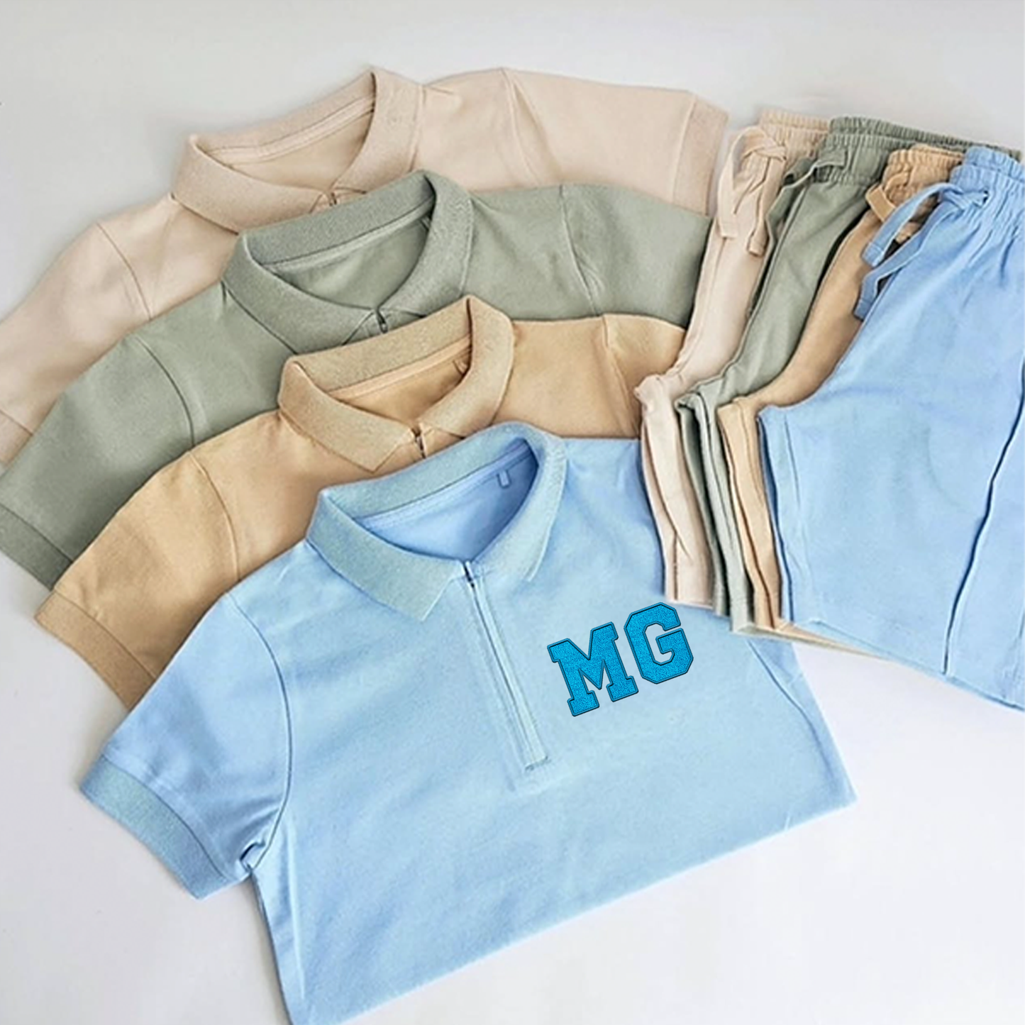 Personalised Initial Faux Chenille Patches Shorts & Polo Shirt Set