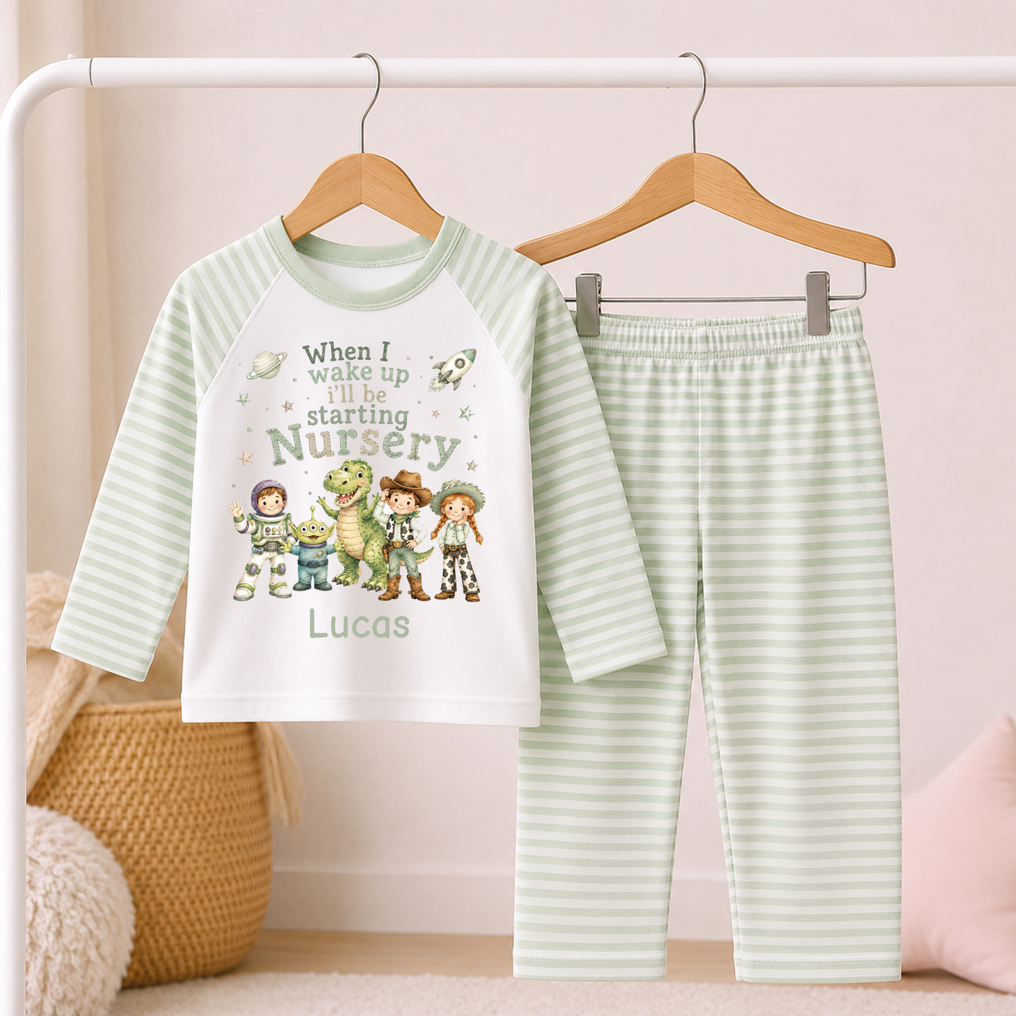 Personalised When I Wake Up I'll Be Starting Nursery Toys Theme PJs Sage Pyjamas