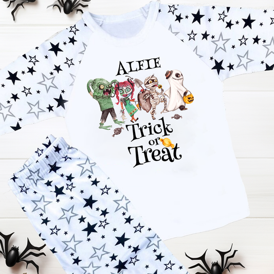 Personalised Trick or Treat Halloween Black Stars PJS Pyjamas