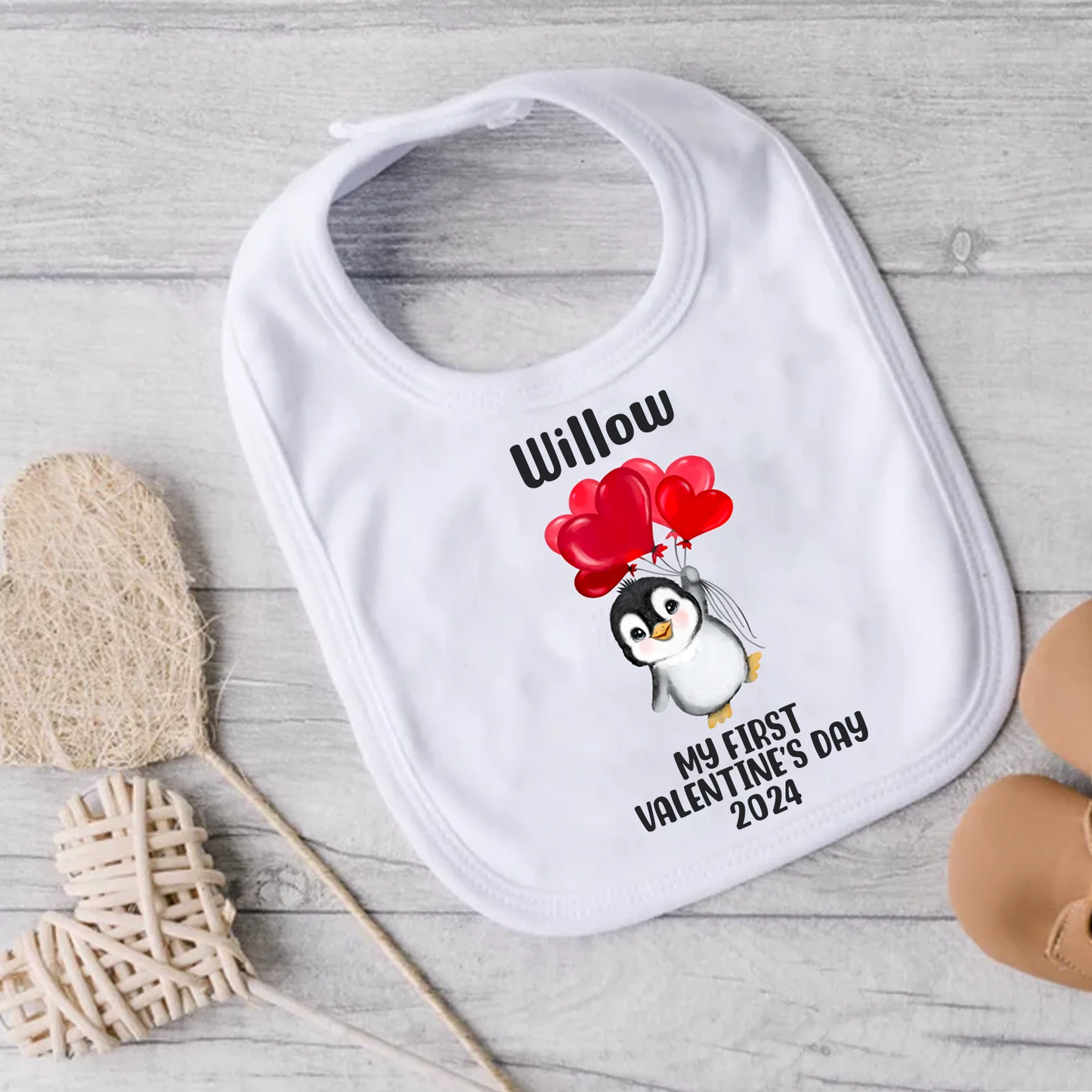 My First Valentine's Day - Personalised Baby Vest - Penguin Hearts Design