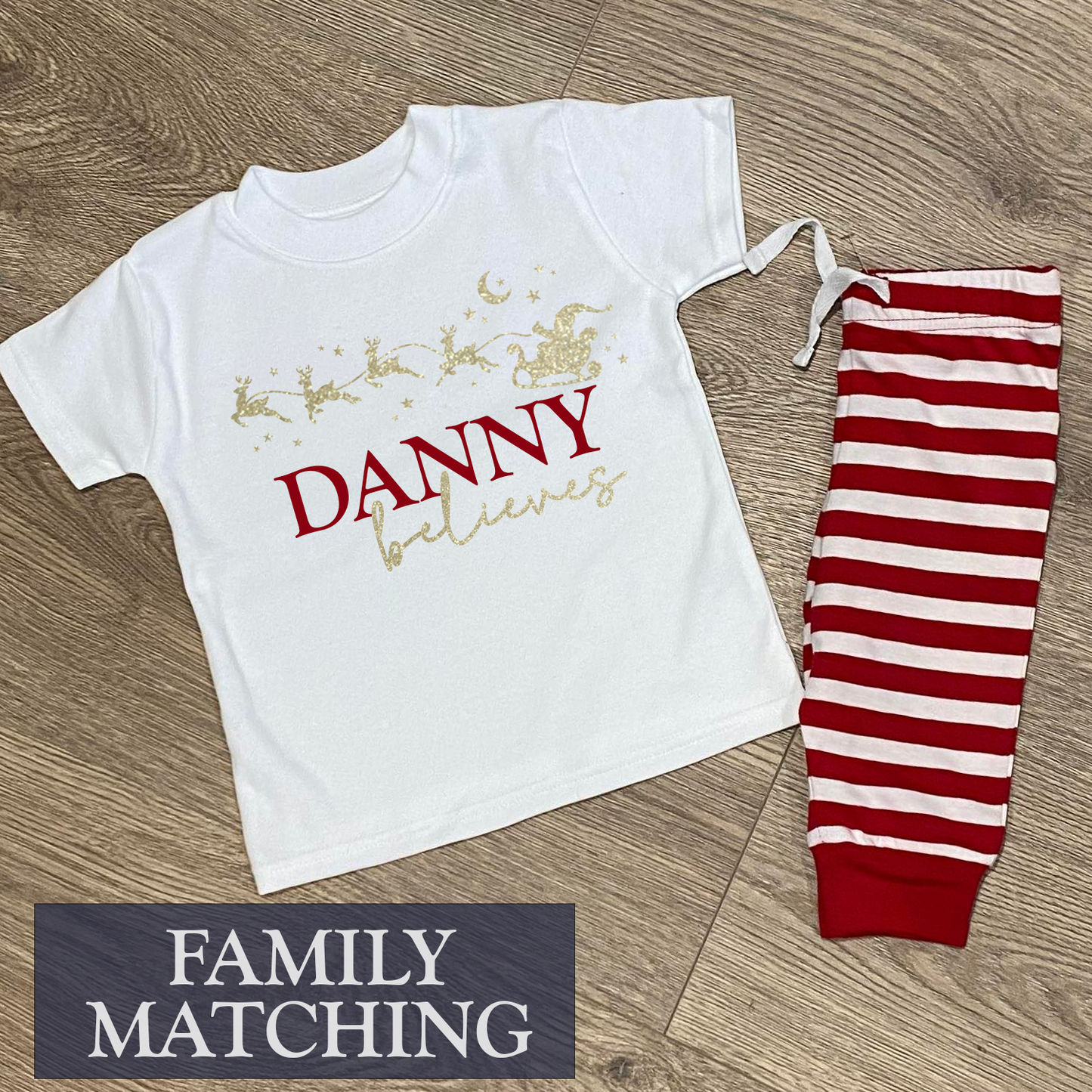 Personalised Believes Red Striped Family Matching PJs