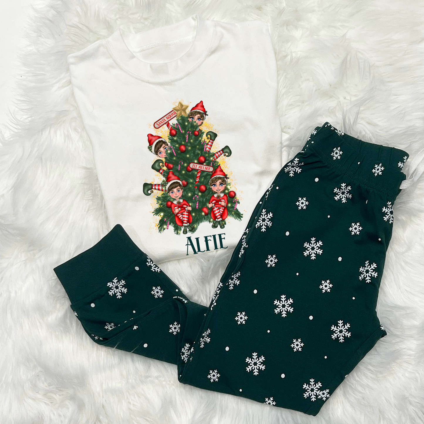 Personalised Cheeky Elf Tree Matching PJs