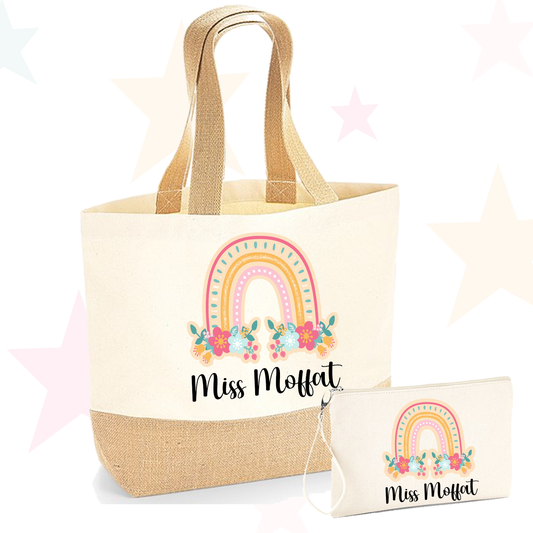 Personalised Rainbow Teacher Canvas Tote Bag - Set Option