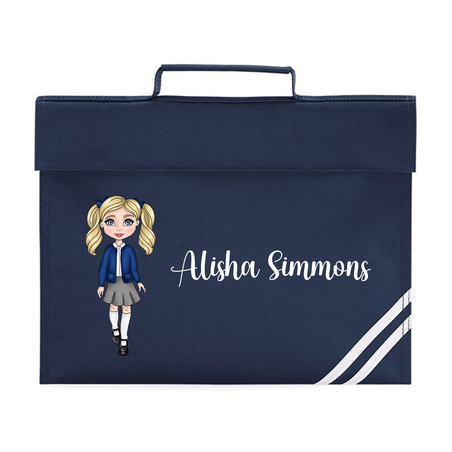 Personalised School Girl Character - Book/Homework Bag. Choice of colours & options