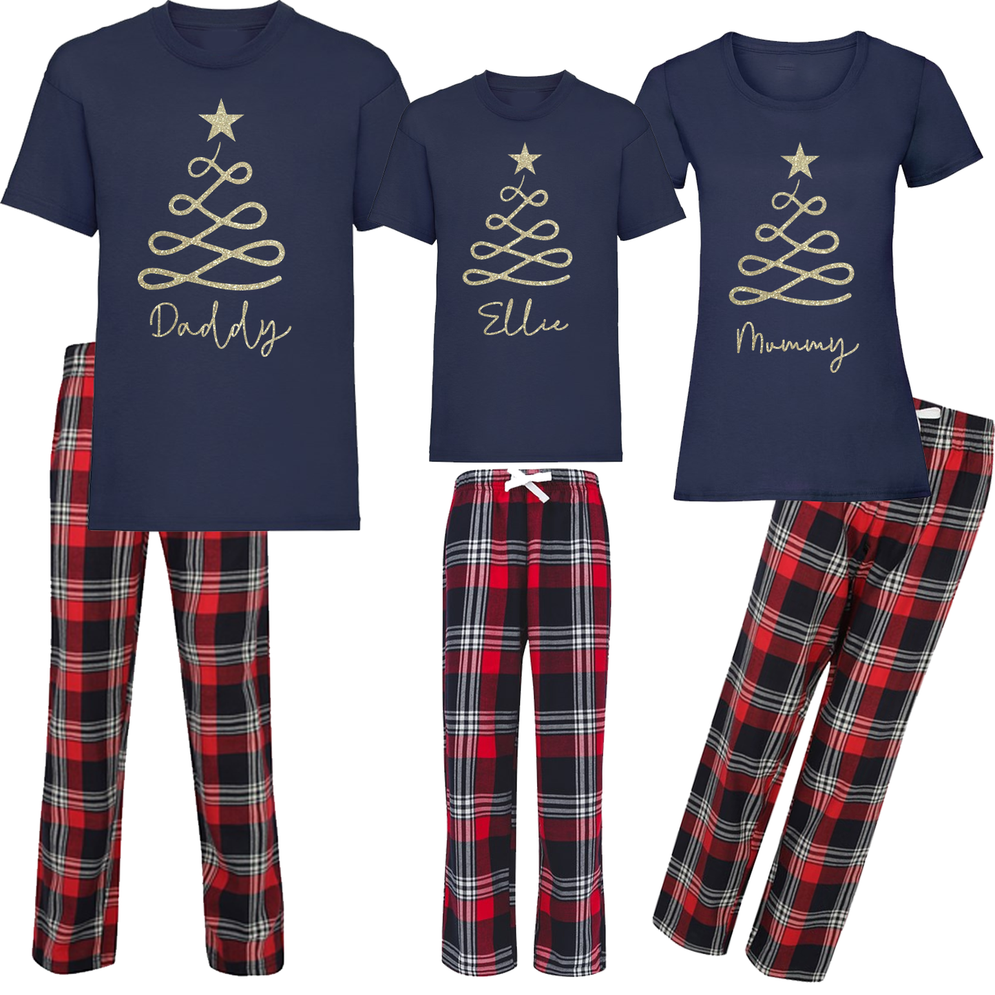 Personalised Gold Glitter Tree Design - Tartan Family Matching PJs