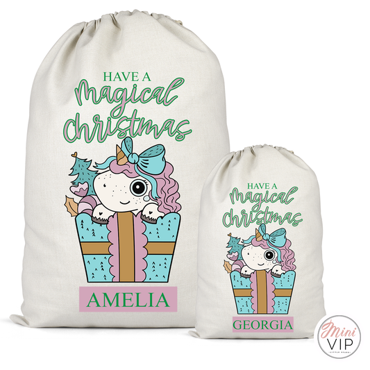 Magical Christmas Unicorn Personalised Cotton Santa Sack