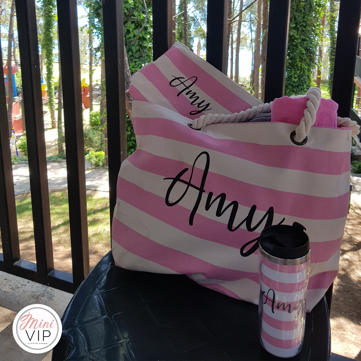 Personalised Beach Bag, Make Up/Sun Cream Pouch & Thermal Cup Set