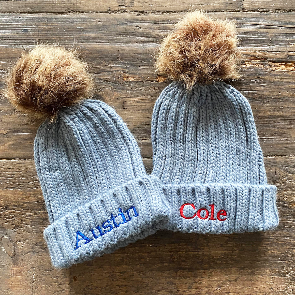 Dusty Blue Embroidered Chunky Knit Beanie Hat - Infants & Junior sizes