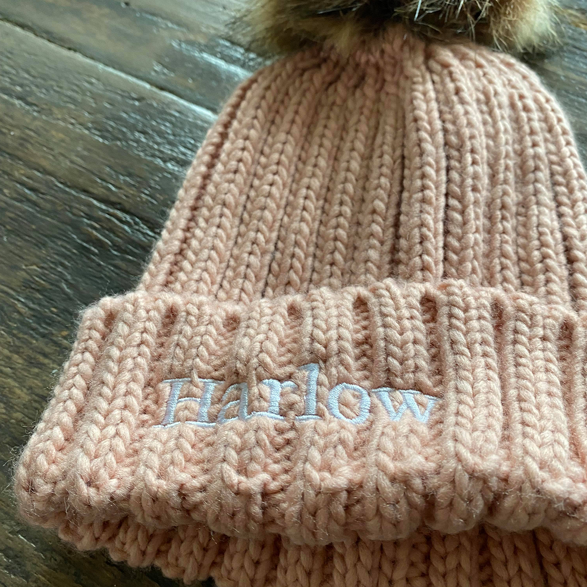 Dusty Pink Embroidered Chunky Knit Beanie Hat - Infants & Junior sizes