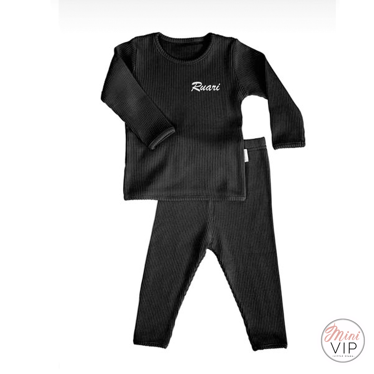 Embroidered Black Ribbed Loungewear