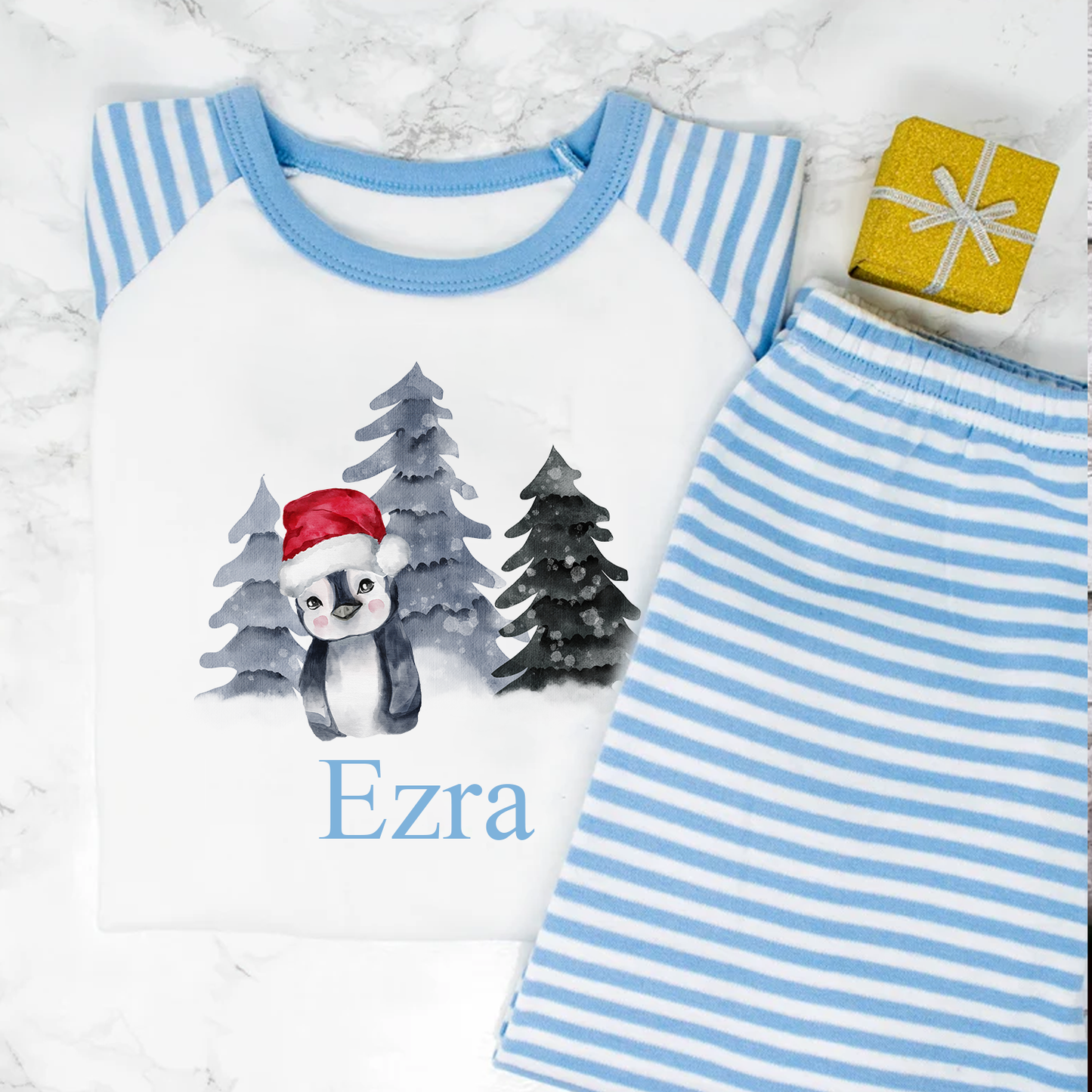 Personalised Christmas Penguin Cute Blue PJS Pyjamas