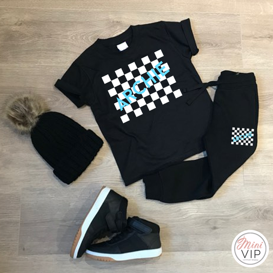 Personalised Checker-board Black Tracksuit Lounge Set- joggers & t-shirt