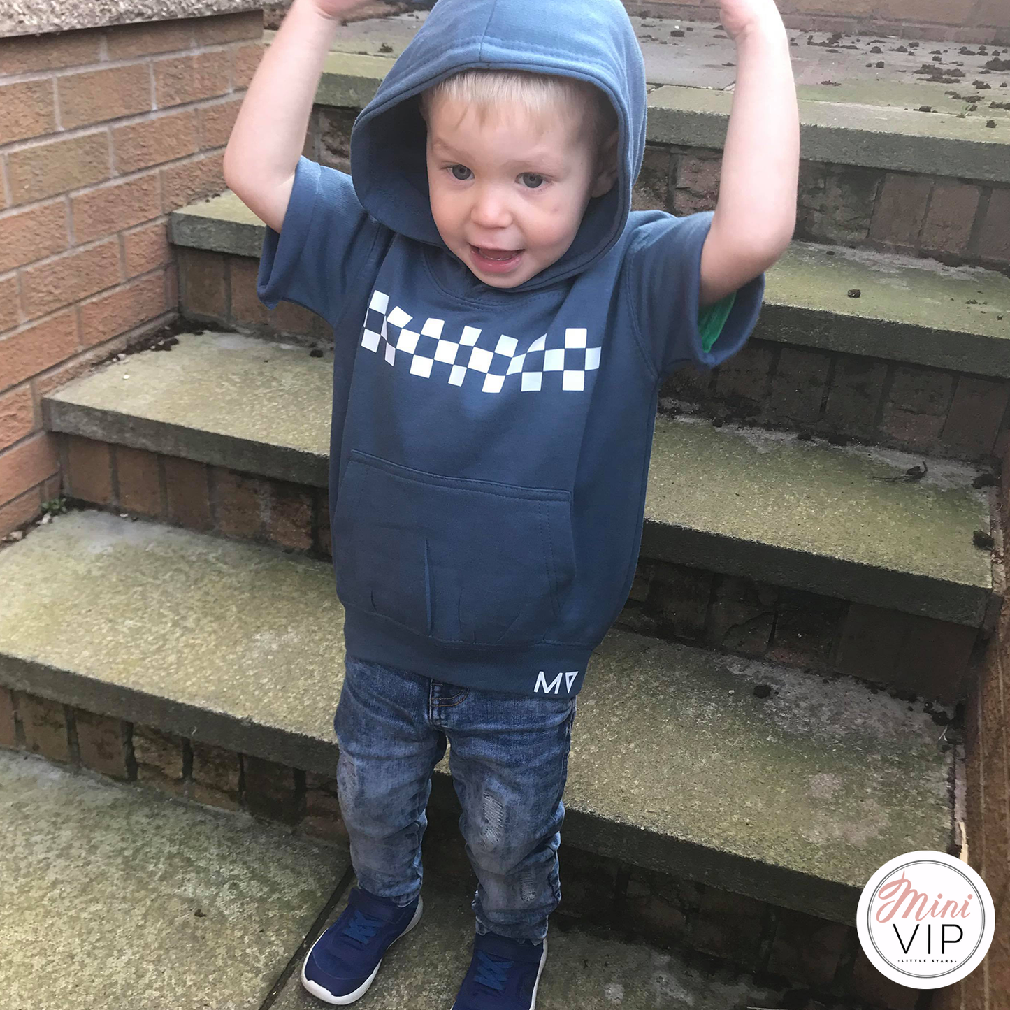 MV checkered Short Sleeve Airforce Blue Hoodie