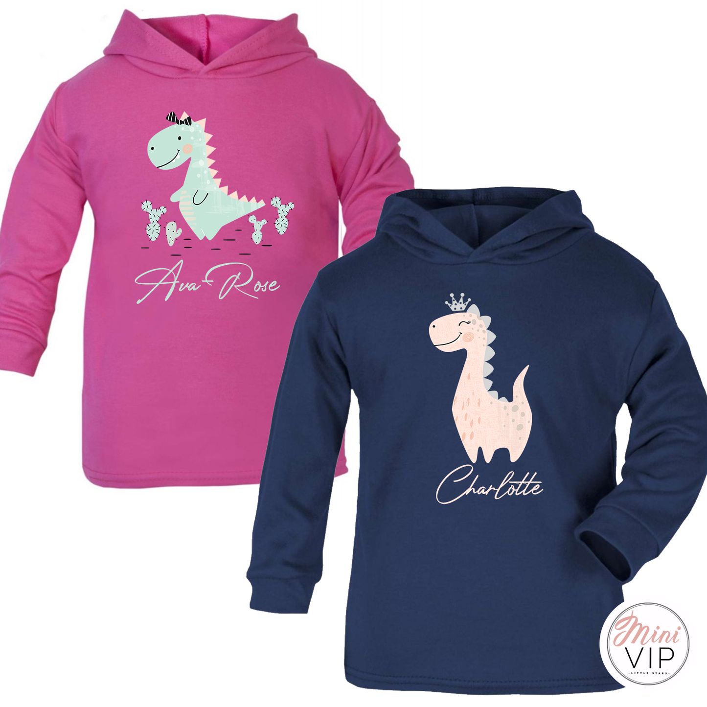 Personalised Cute Dinosaur Long Sleeve Hooded Top - in cerise or navy