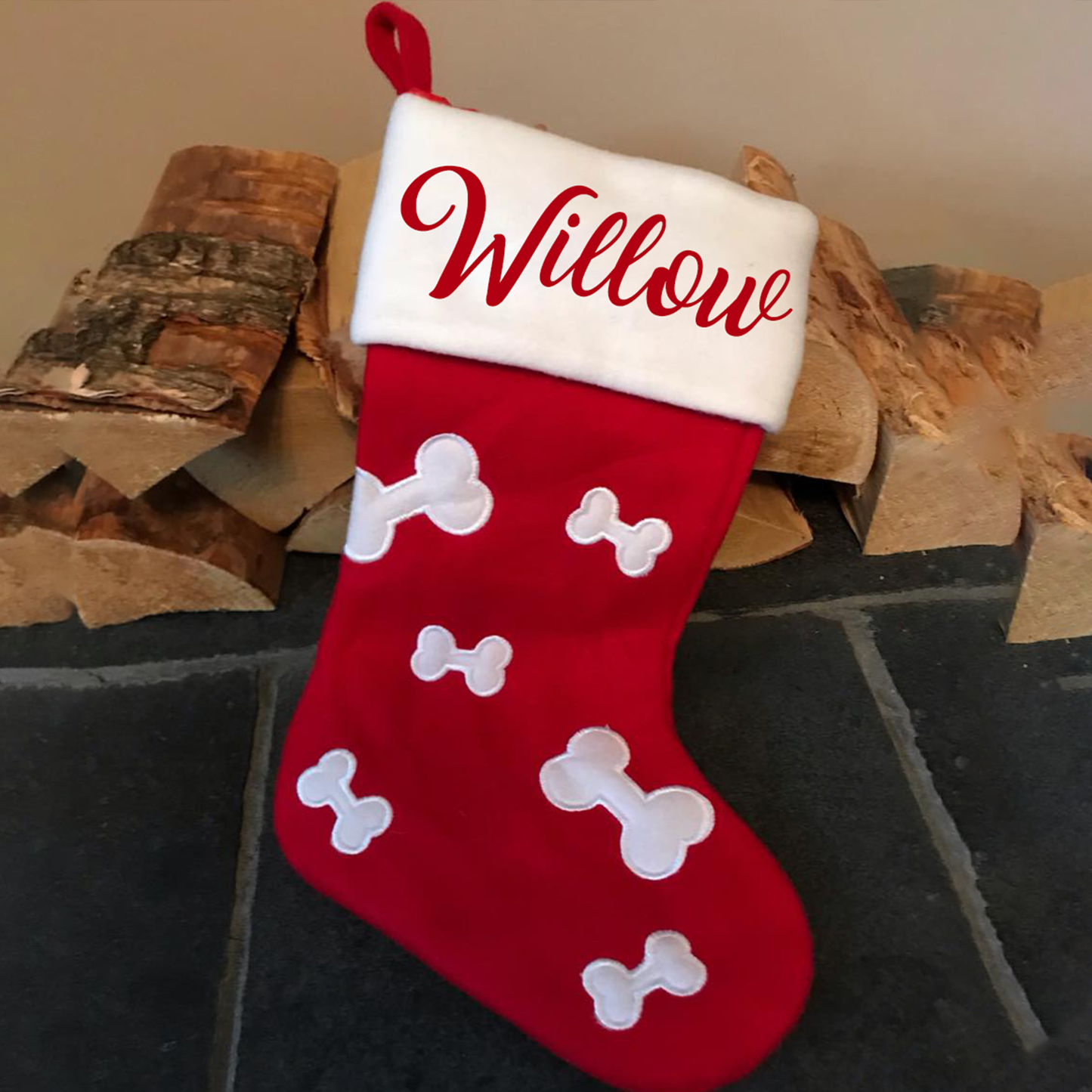 Red Bone Print Dog Personalised Stocking