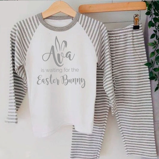 Personalised Waiting For The Easter Bunny Grey PJs Pajamas