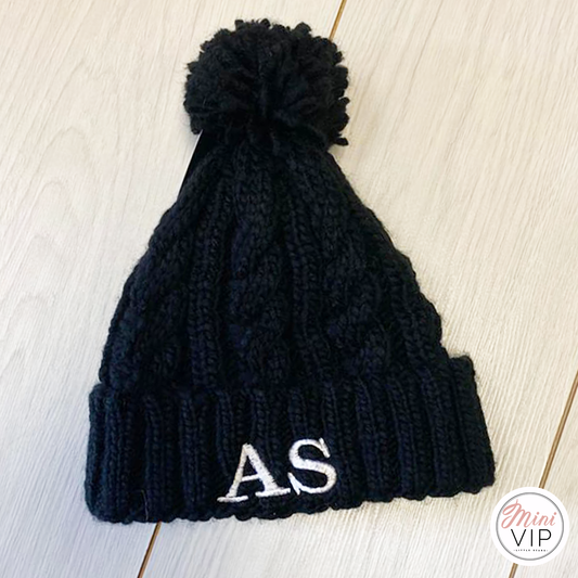 Black Embroidered Cable Knit Melange Beanie Hat - Infants, Junior & Adult sizes