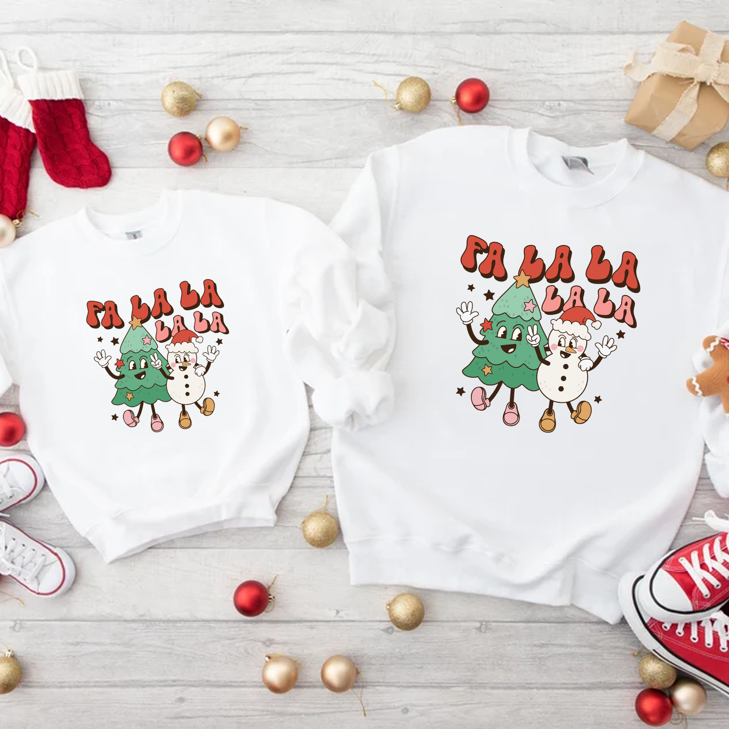 Fa La La La - Retro Style Festive Christmas White Sweatshirt - family twinning