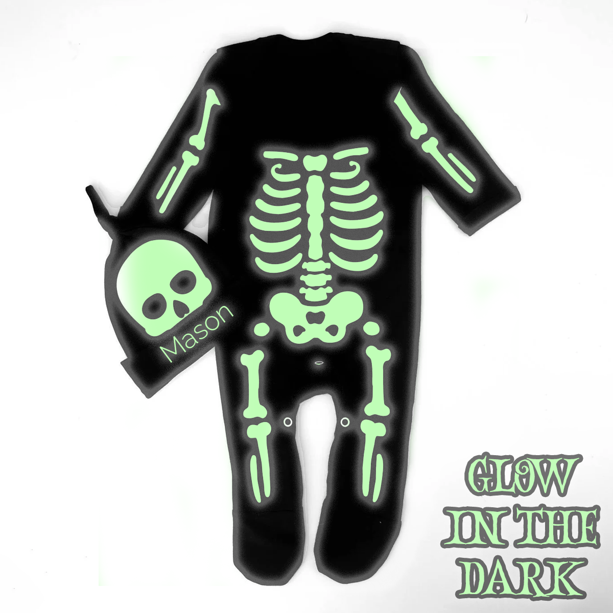 Halloween Personalised Skeleton Black Sleepsuit & Hat Costume Outfit