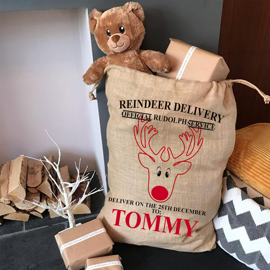Reindeer Delivery Traditional Jute Hessian Santa Sack