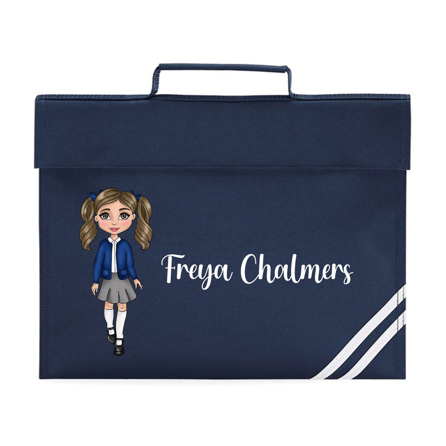 Personalised School Girl Character - Book/Homework Bag. Choice of colours & options