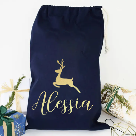 Navy Reindeer Personalised Cotton Santa Sack