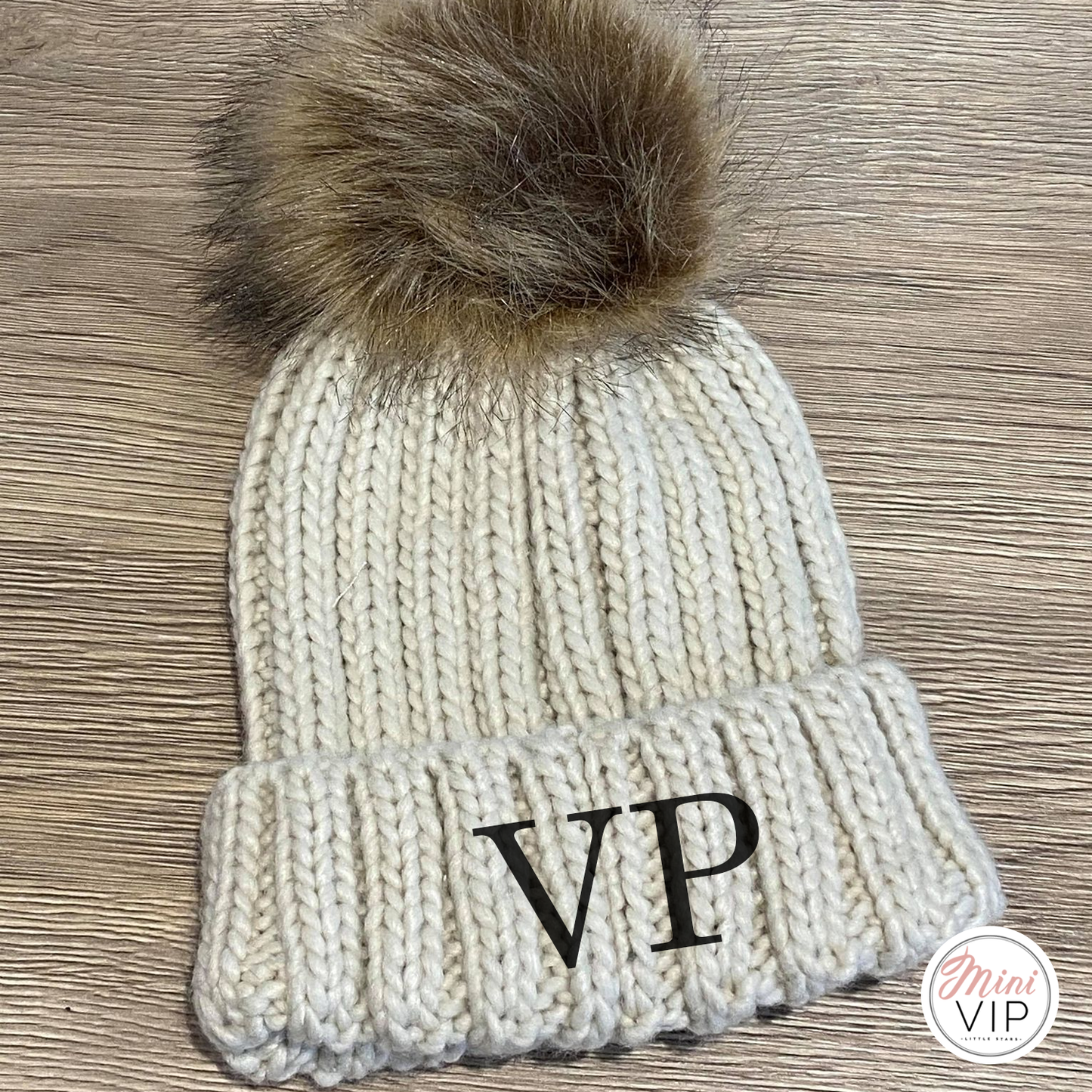 Oatmeal Embroidered Faux Fur Pom Pom Beanie Hat - Infants, Junior & Adult sizes