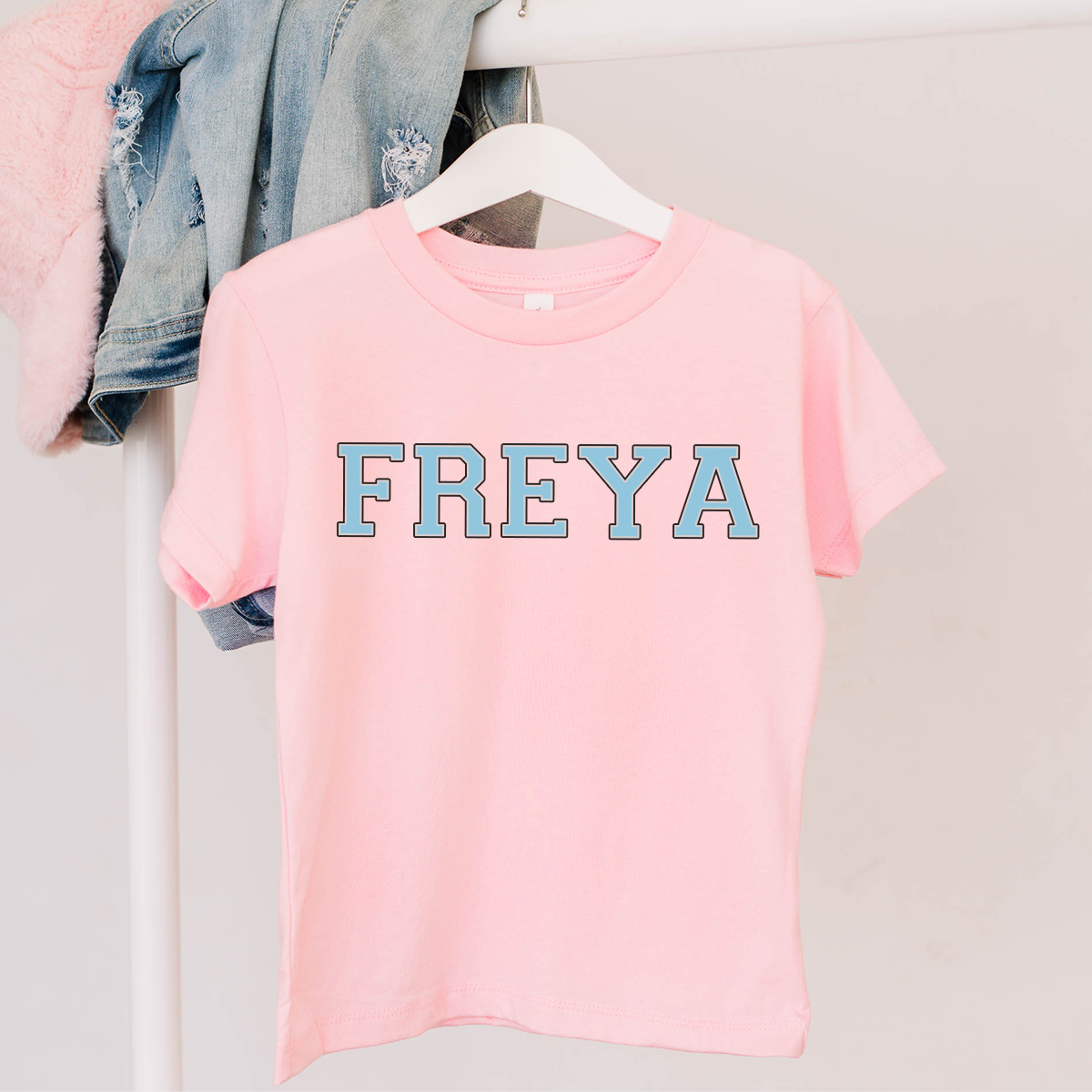 MiniVIP© Personalised Varisty Letters Baby Pink T-Shirt