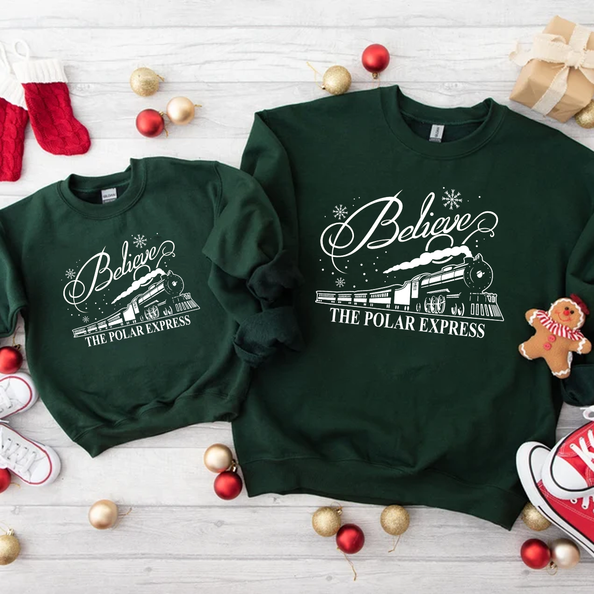Polar Express Believe Bottle Green Sweatshirt - family twinning