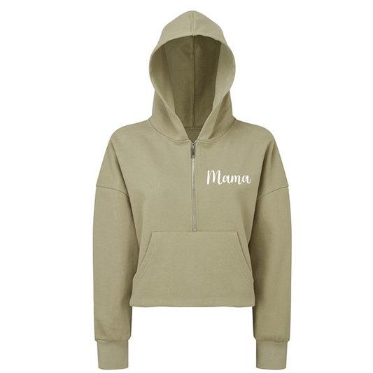Mama Slogan 1/4 Zip Cropped Hoodie - Sage