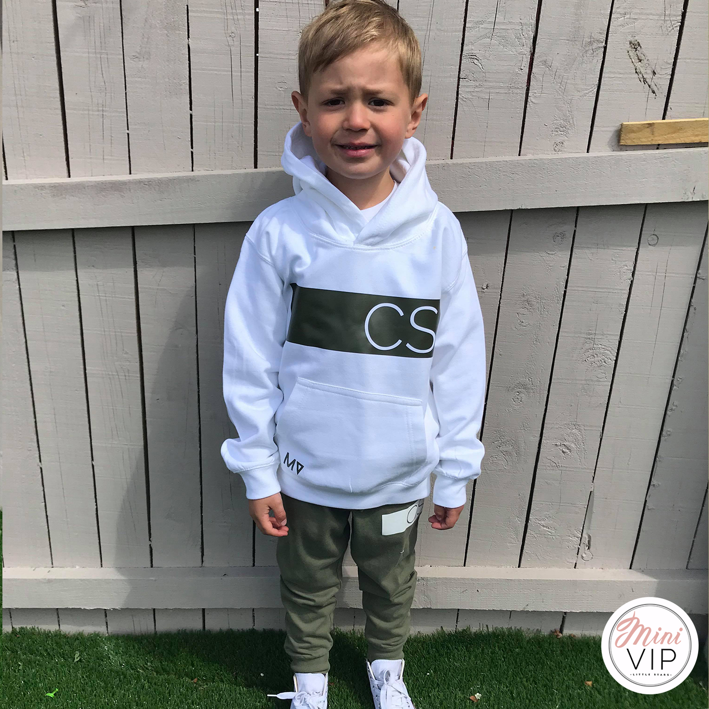 Personalised White hoodie - khaki stripe initials