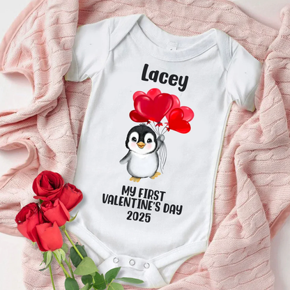 My First Valentine's Day - Personalised Baby Vest - Penguin Hearts Design