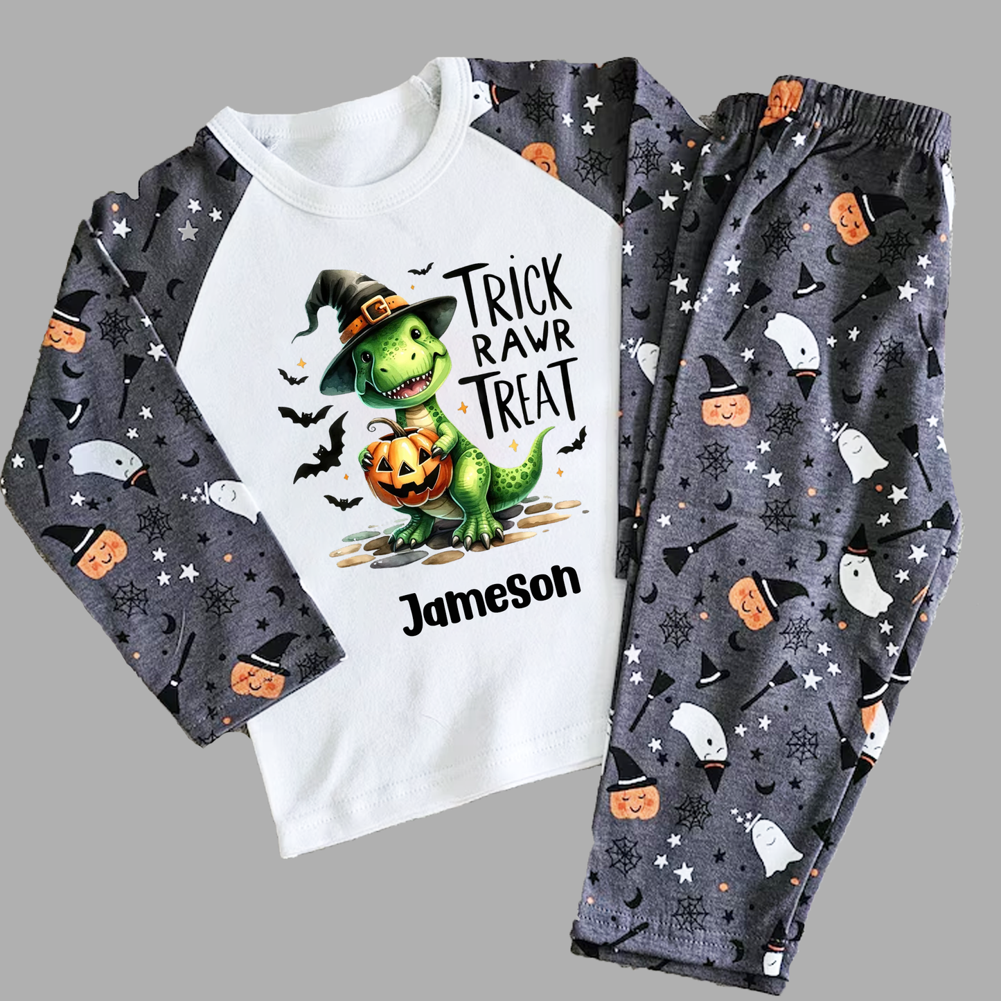 Personalised Trick RawrTreat Halloween Dinosaur PJS Pyjamas