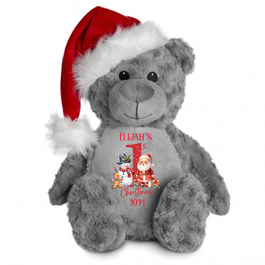 Personalised Baby's First Christmas Grey Teddy Bear