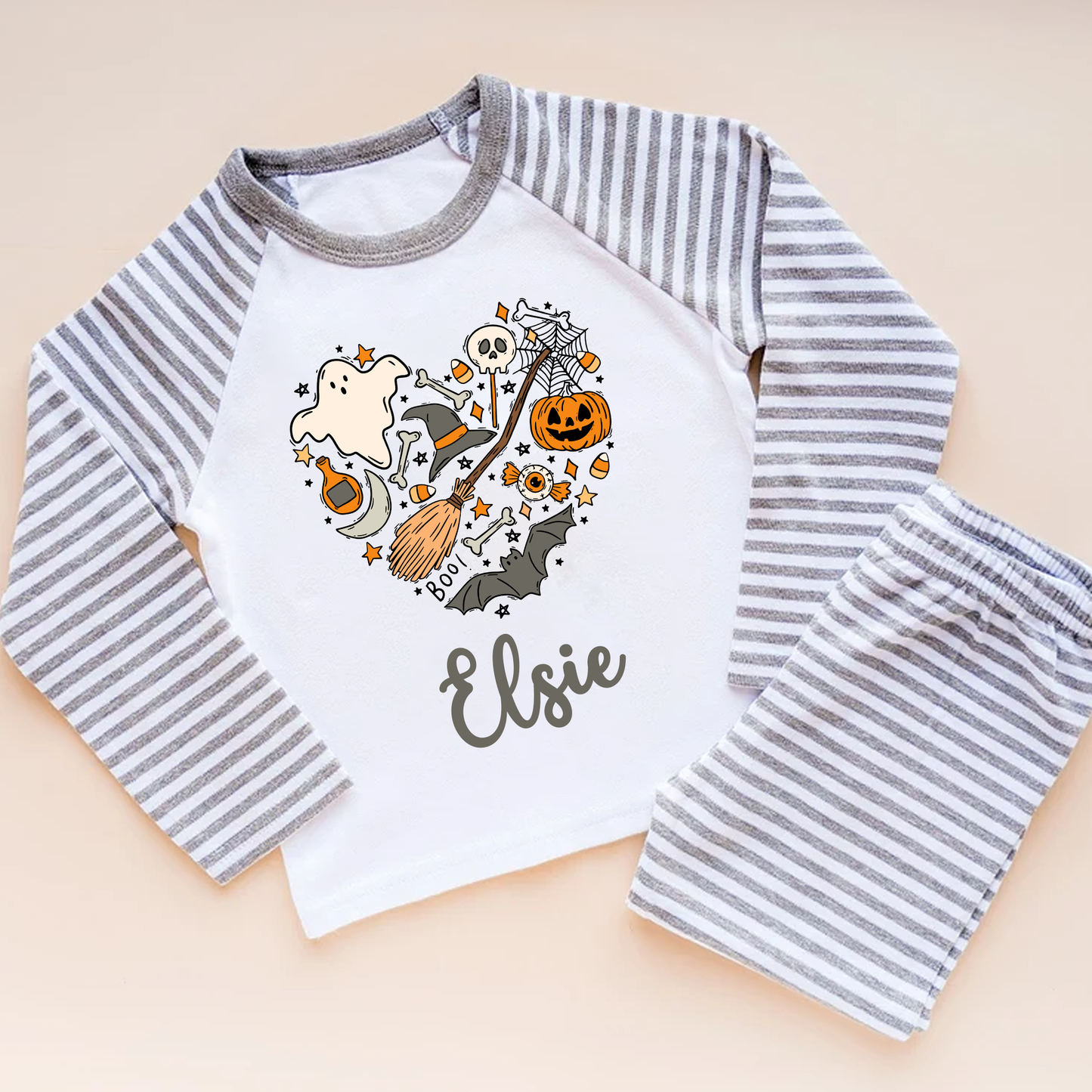 Personalised Halloween Heart Grey Striped PJS Pyjamas