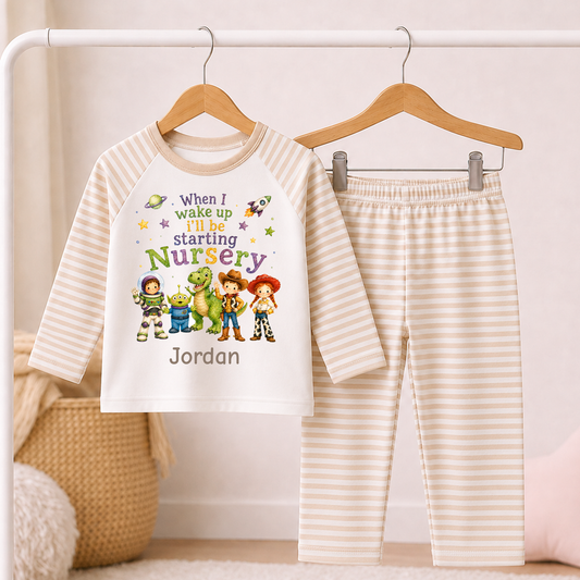 Personalised When I Wake Up I'll Be Starting Nursery Toys Theme PJs Pyjamas