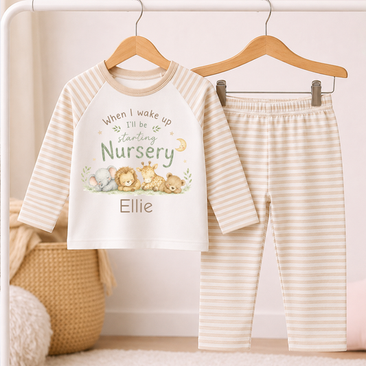 Personalised When I Wake Up I'll Be Starting Nursery Animals Theme PJs Natural Pyjamas