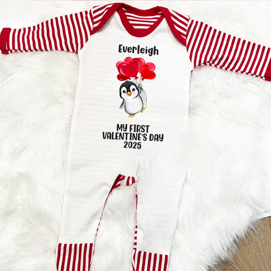 Personalised My First Valentine's Day - Baby Sleepsuit - Penguin Balloons Design