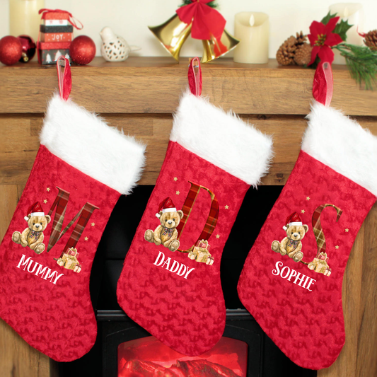 Red Christmas Stocking - Personalised Bear Print Design