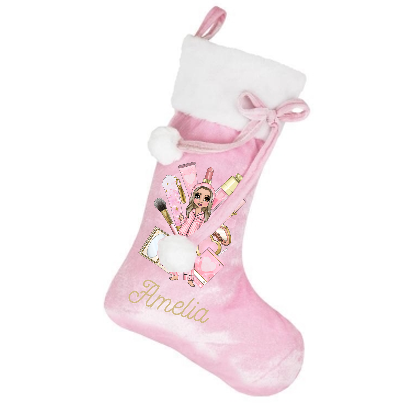 Personalised Merry Christmas Make Up Girly Pink Stocking