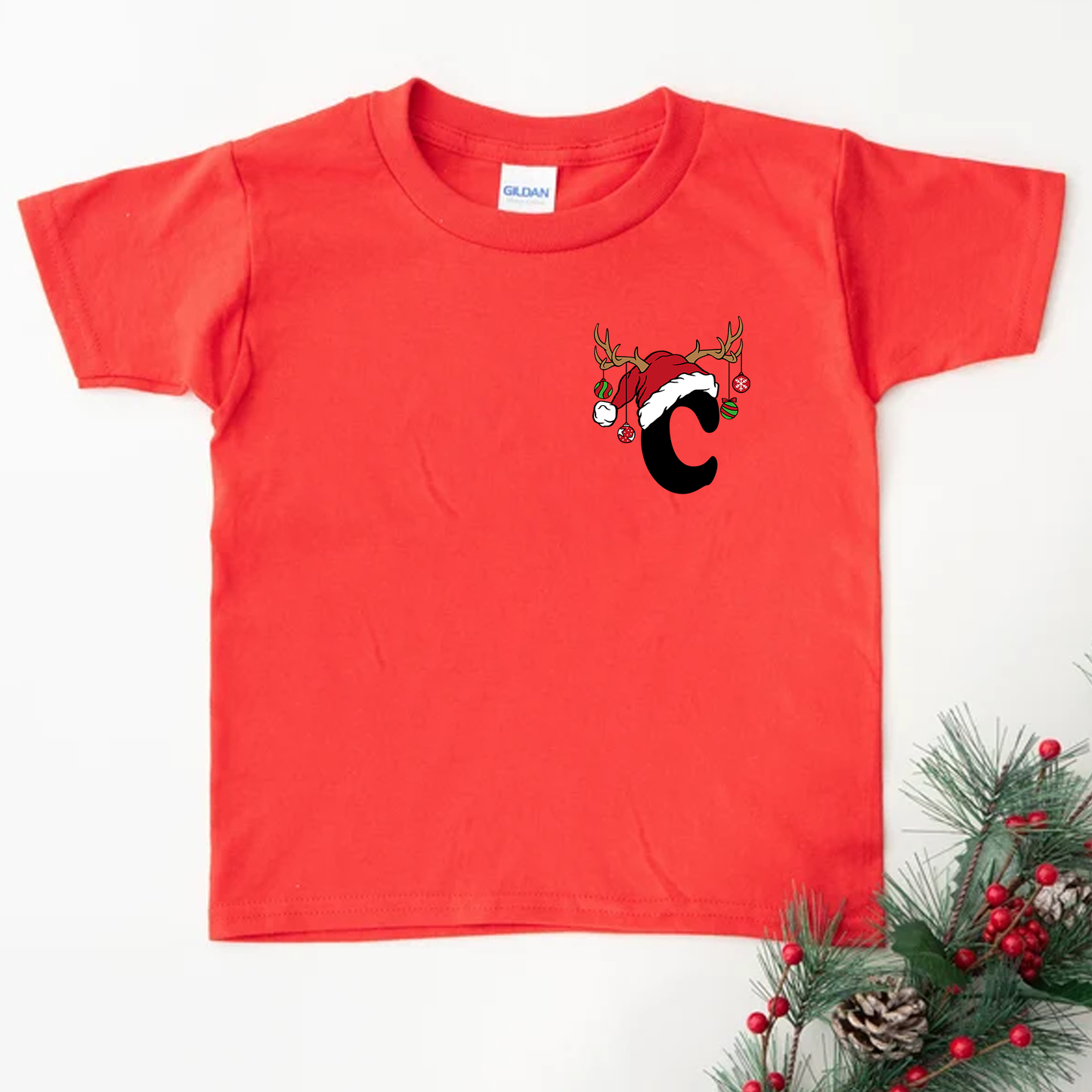 Christmas Personalised Santa Hat Initial Design Red T-Shirt