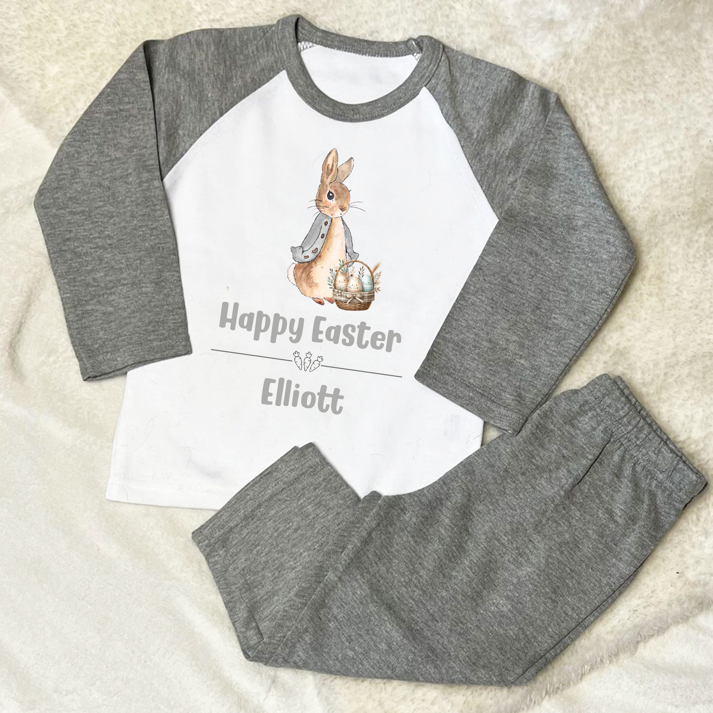 Personalised Happy Easter Grey Flopsy Rabbit PJs Pyjamas