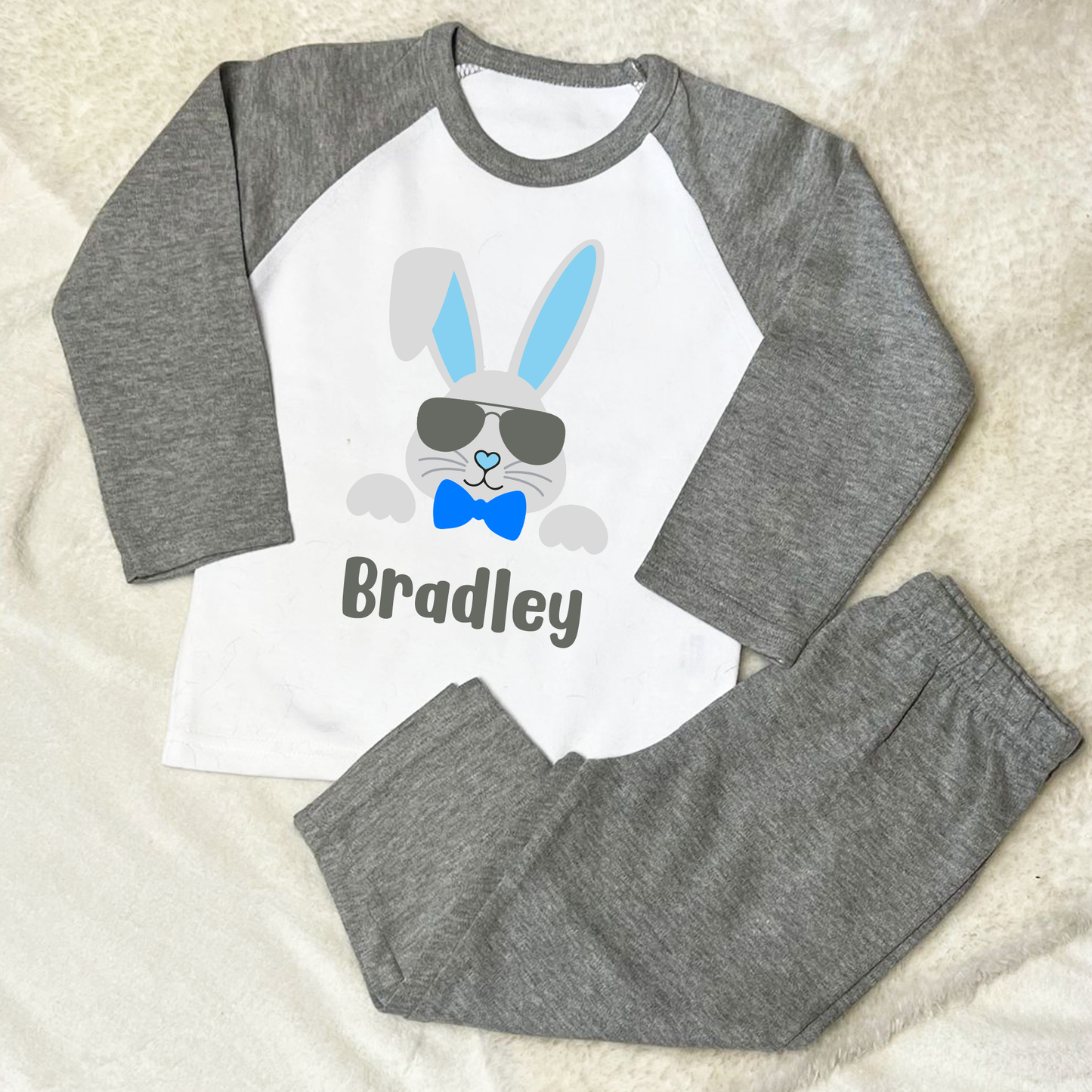 Personalised Cool Blue Bunny Easter Grey PJs Pyjamas
