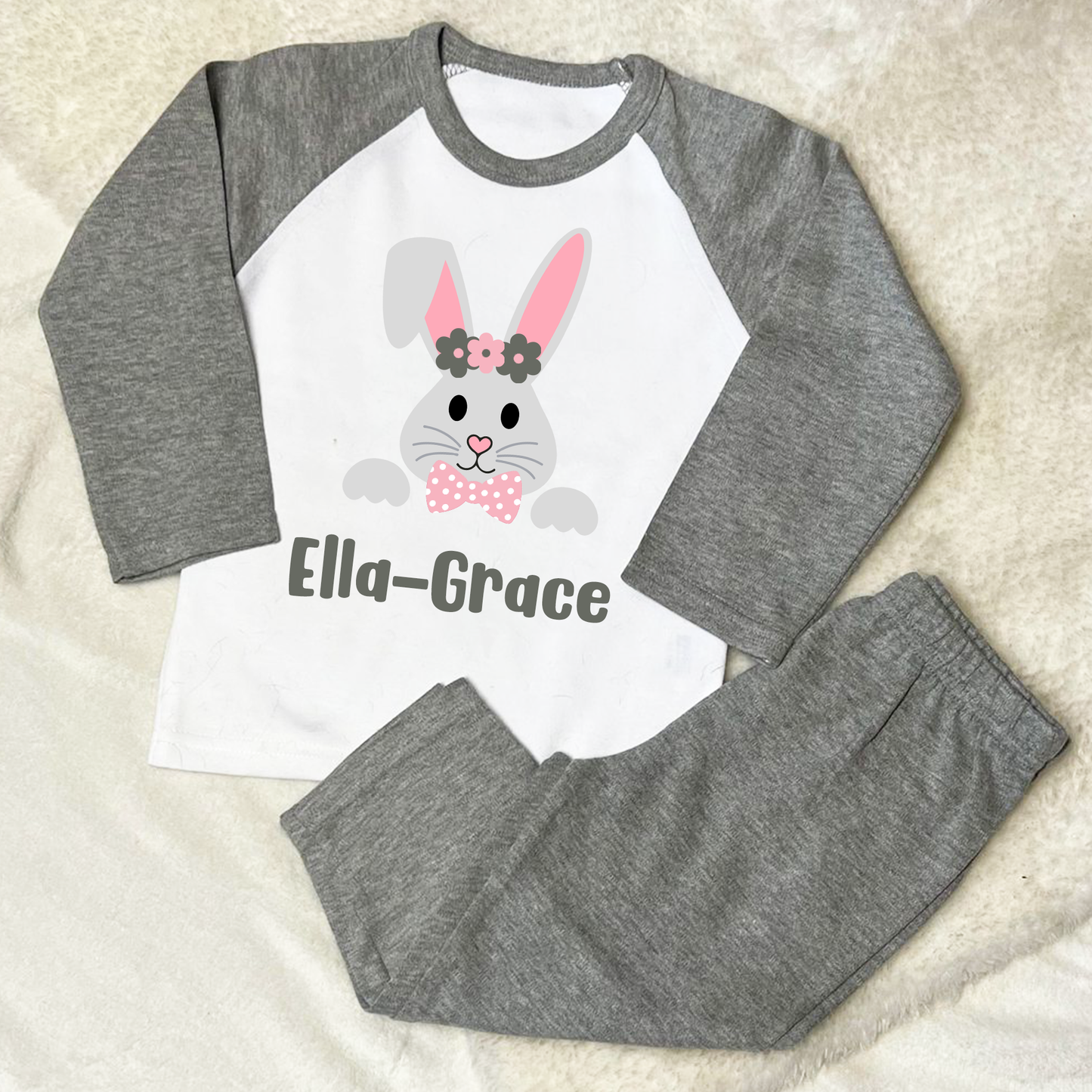 Personalised Cute Pink Bunny Easter Grey PJs Pyjamas