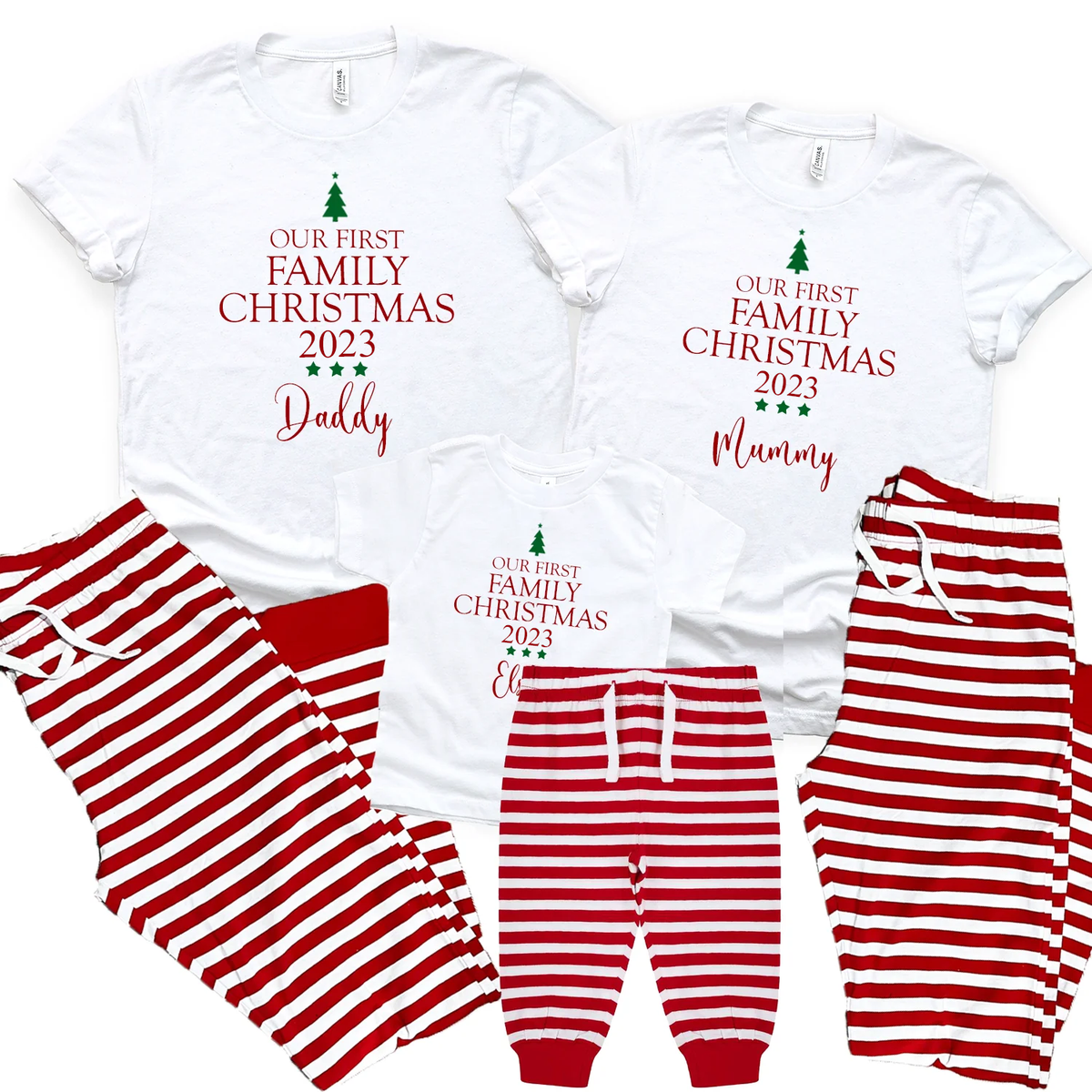 Personalised Our First Family Christmas Red Striped Design Matching Christmas PJs