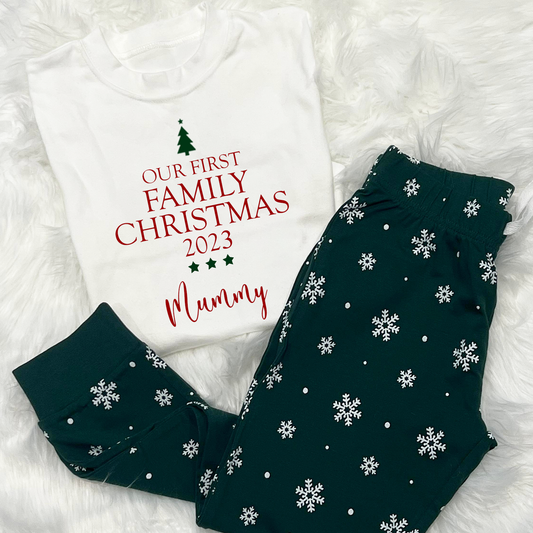 Personalised Our First Family Christmas Bottle Green Snowflakes Design Matching Christmas PJs